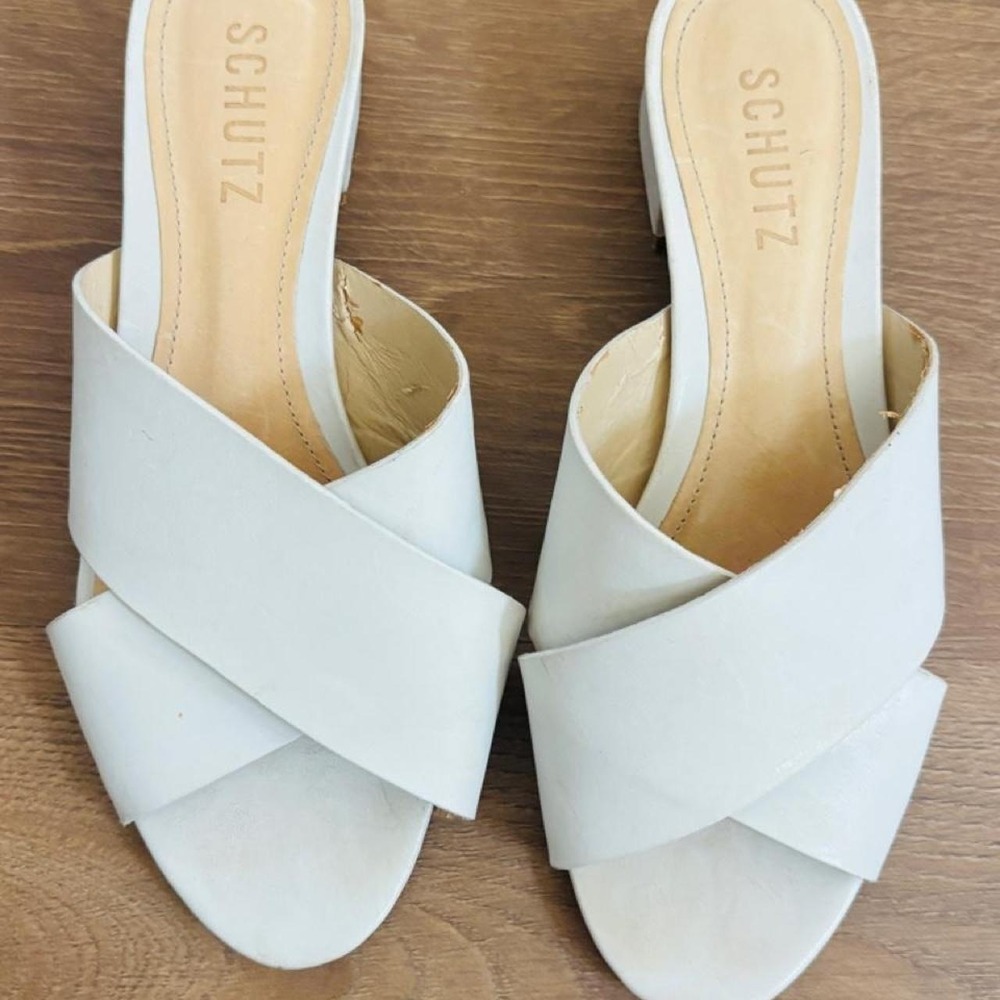 Schutz White Leather Cross Strap Block Heel Sandals Womens 6.5 B Summer Slide